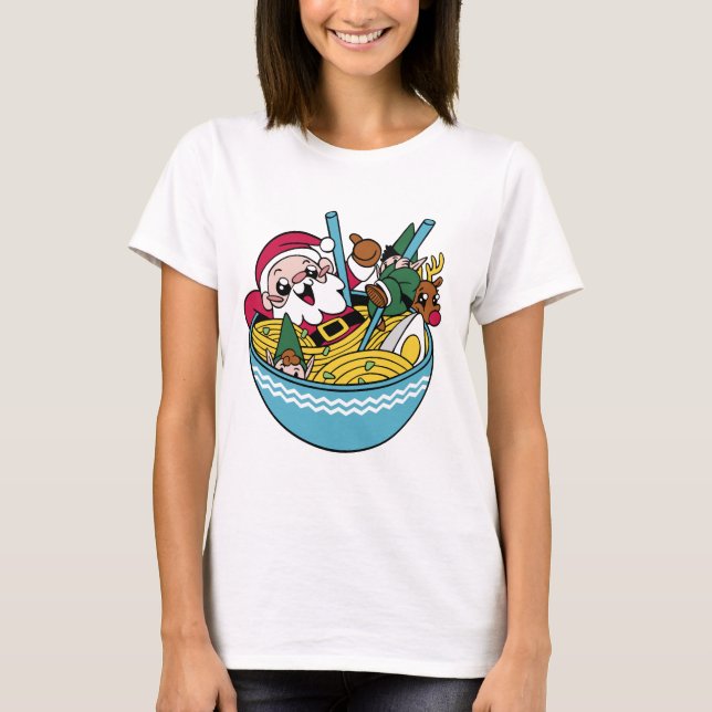 Camiseta Santa y sus amigos se calientan en un bol de Ramen (Anverso)