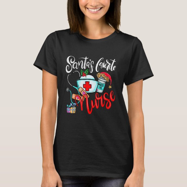Camiseta Santas Favorite Nurse  Christmas Xmas RN CNA Nursi (Anverso)