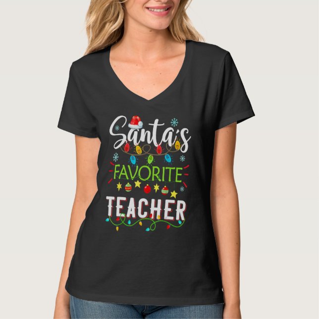 Camiseta Santa's Favorite Teacher  Christmas Santa Hat Ligh (Anverso)