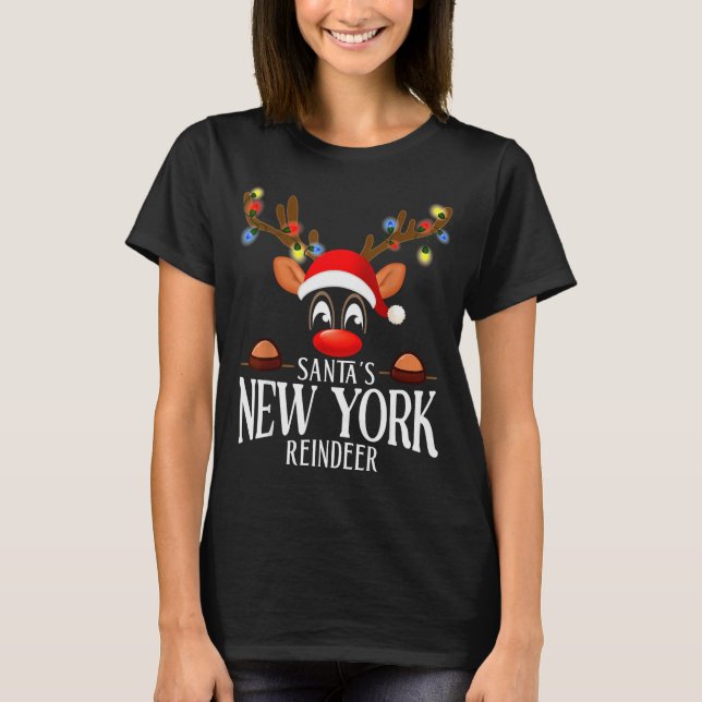 Camiseta Santa's New York Reindeer Funny Xmas Matching Pjs  (Anverso)