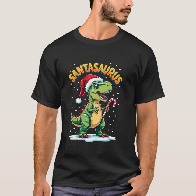 Camiseta Santasaurus Rex Funny Dinosaur xmas Santa Hat Cand (Anverso)