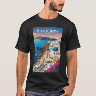 Camiseta Santorini Grecia Cúpula Azul Arte de Viaje Vintage