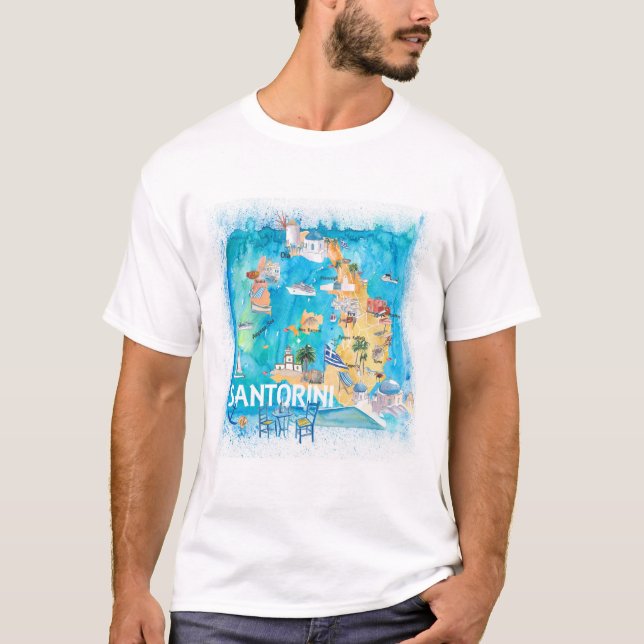 Camiseta Santorini Grecia Mapa ilustrado con las principale (Anverso)