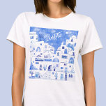 Camiseta Santorini Watercolor Personalizado<br><div class="desc">Paisaje de color azul y blanco basado en la encantadora isla griega de Santorini. Cambie el nombre a personalizar. Arte original de Nic Squirrell.</div>