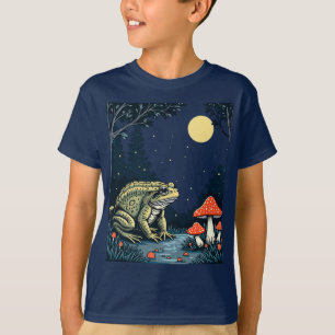 Camiseta Sapo buscando hongos en un bosque iluminado por la
