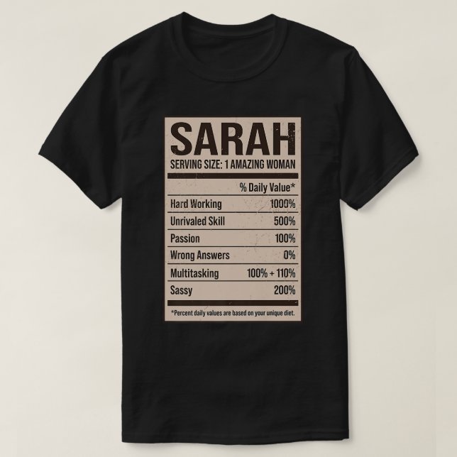 Camiseta Sarah Nutrition Facts Name Nickname Alias Title Fr (Diseño del anverso)