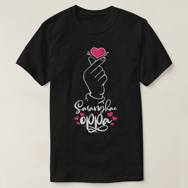 Camiseta Saranghae Oppa Korean Heart Hand Sign KPop Kdrama  (Diseño del anverso)