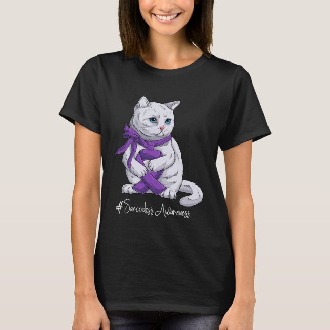 Camiseta Sarcoidosis Mes de Conciencia Gato Cinta Púrpura (Anverso)