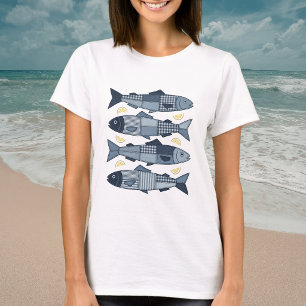 Camiseta Sardinas de estilo patchwork tema costero de playa