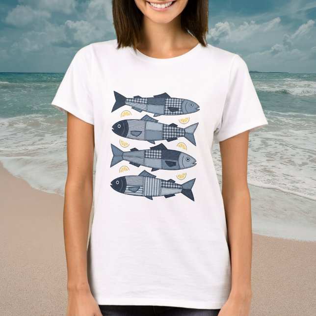 Camiseta Sardinas de estilo patchwork tema costero de playa (Subido por el creador)