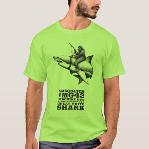 Camiseta Sasquatch que monta un gran tiburón blanco