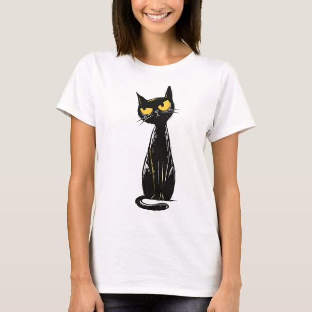 Camiseta Sassy Black Cat - Grumpy Yellow Eyes Illustration (Anverso)