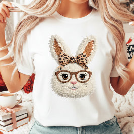 Camiseta Sassy Easter Bunny Glasses Leopard Bow Tie Women's