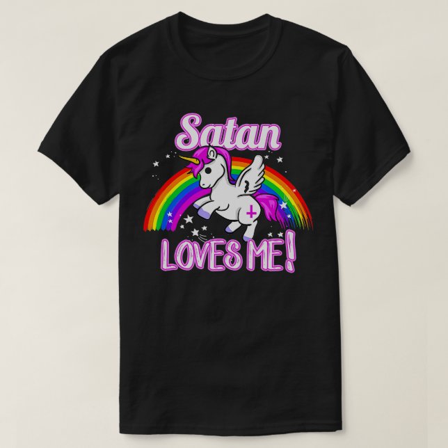 Camiseta Satan me ama religión Unicornio Dios no creyente (Diseño del anverso)