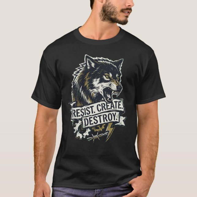 Camiseta Savage Wolf Power – Resistir Crear Destru (Anverso)