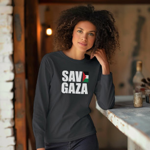 Camiseta SAVE GAZA manga larga negra para mujer musulmana