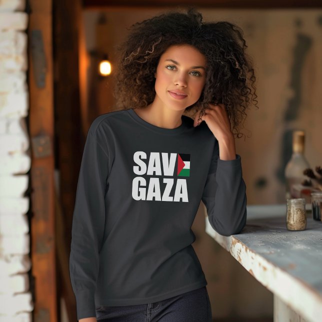 Camiseta SAVE GAZA manga larga negra para mujer musulmana (Subido por el creador)