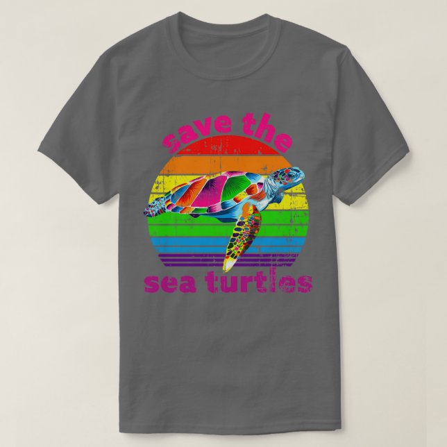 Camiseta Save the Sea Turtles diseño retro de arco iris vin (Diseño del anverso)