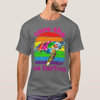 Camiseta Save the Sea Turtles diseño retro de arco iris vin