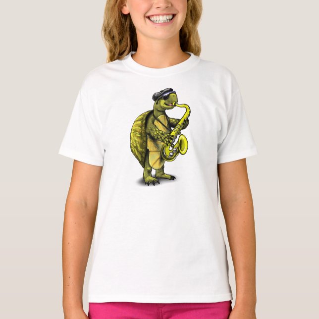 Camiseta Saxofón fresco que juega la tortuga (Anverso)