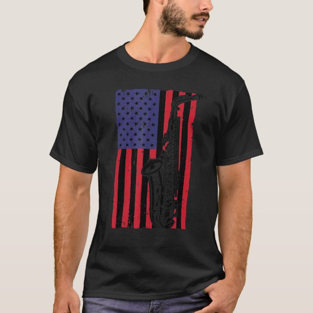 Camiseta Saxofón Guay Para Hombres Mujeres Bandera American (Anverso)