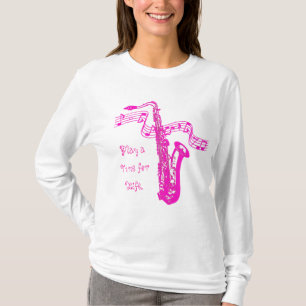 Camiseta Saxofón rosa y notas tocan una melodía para la vid