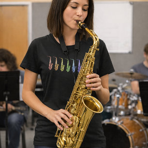 Camiseta Saxofones Arcoíris Brillantes Instrumento de Jazz 