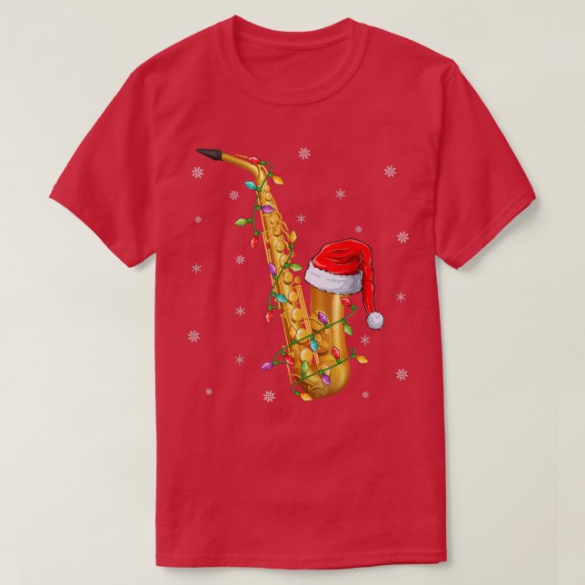 Camiseta Saxophone Music Xmas Lighting Santa Hat Saxophone  (Diseño del anverso)