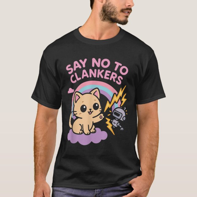 Camiseta Say No To Clankers Anti Ai Robots Cute Kitten Rain (Anverso)