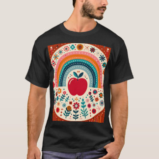 Camiseta Scandinavian Folk Art Red Apple and Rainbow family