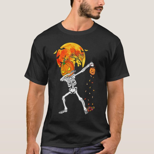 Camiseta Scary Dabbing Skeleton Calabaza Halloween Costuma  (Anverso)
