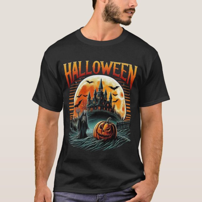 Camiseta Scary Moonlit Haunted Castle Grim Reaper Halloween (Anverso)