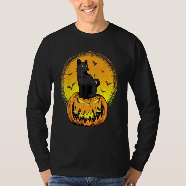 Camiseta Scary Nightcat Black Cat With Yellow Eyes Pumpkin  (Anverso)