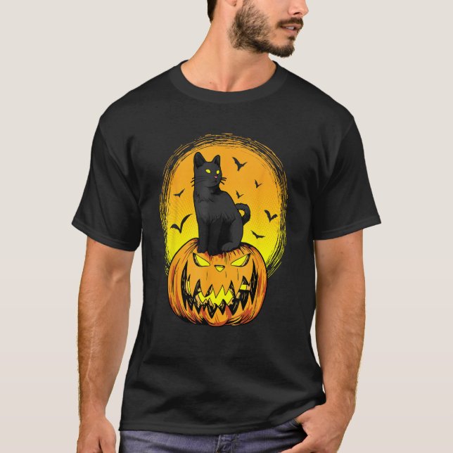 Camiseta Scary Nightcat Black Cat With Yellow Eyes Pumpkin  (Anverso)