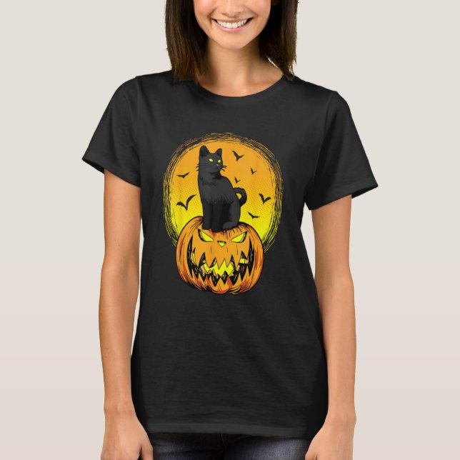 Camiseta Scary Nightcat Black Cat With Yellow Eyes Pumpkin  (Anverso)
