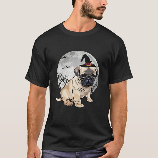 Camiseta Scary Pug Dog Witch Gorra Halloween (Anverso)