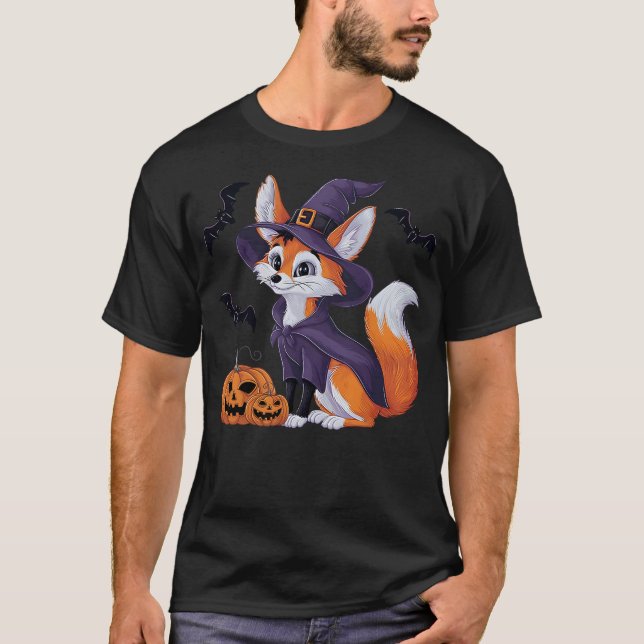 Camiseta Scary Pumpkin Bat Funny Witch Hat Fennec Fox Hallo (Anverso)