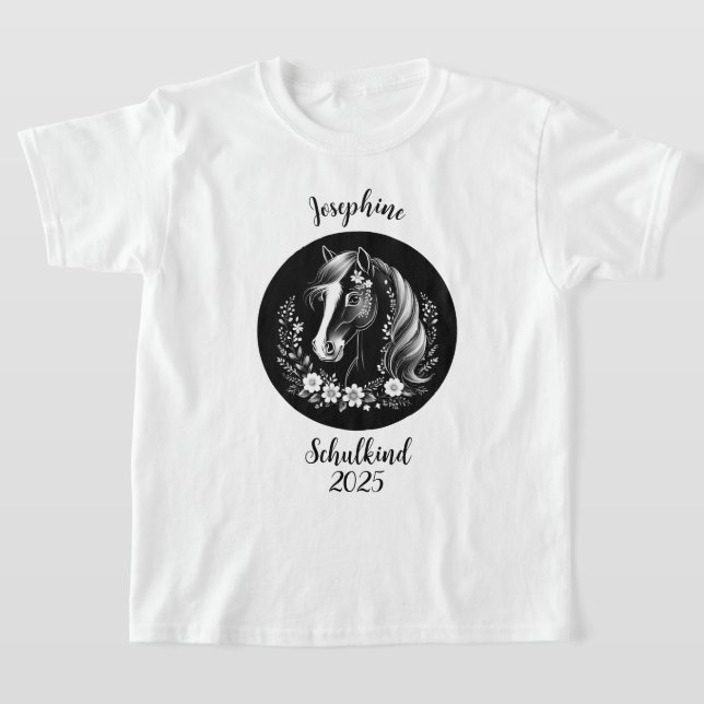 Camiseta Schulkind 2026 - Pferd mit Blumen - schwarz weiß | (Distribución)