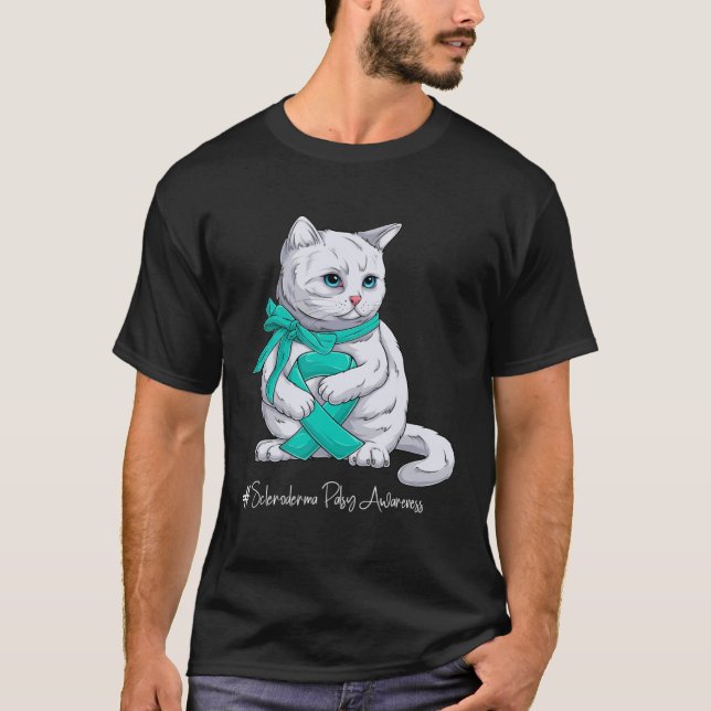 Camiseta Scleroderma Awareness Month Teal Ribbon Cat (Anverso)