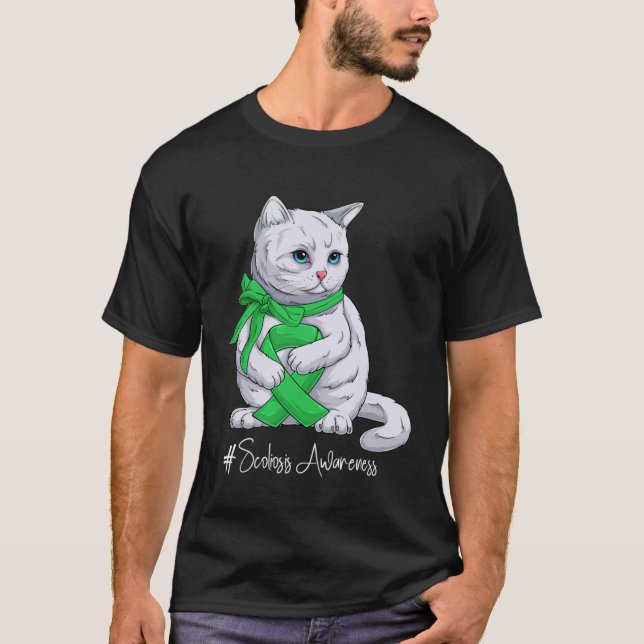 Camiseta Scoliosis Sensibilización Mes Cinta Verde Gato (Anverso)