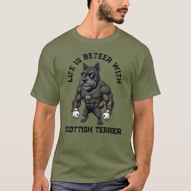 Camiseta Scottish Terrier, muscular, tattooed, bodybuilder (Anverso)