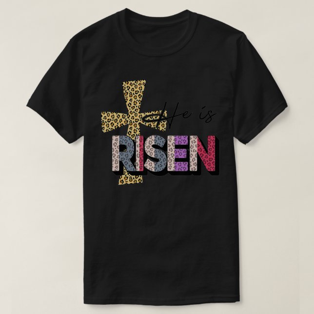 Camiseta Se levanta feliz cruz de leopardo de Pascua (Diseño del anverso)