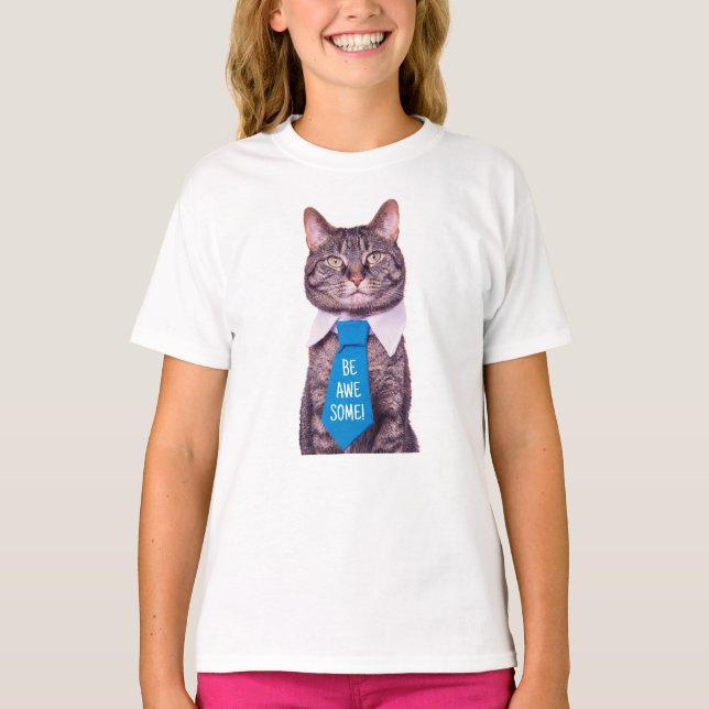 Camiseta "¡SEA INCREÍBLE!" Gato en azul, tu mensaje (Anverso)