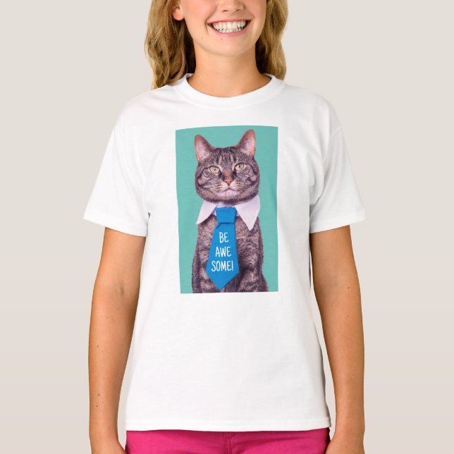 Camiseta "¡SEA INCREÍBLE!" Gato en azul, Verde azulado, tu  (Anverso)