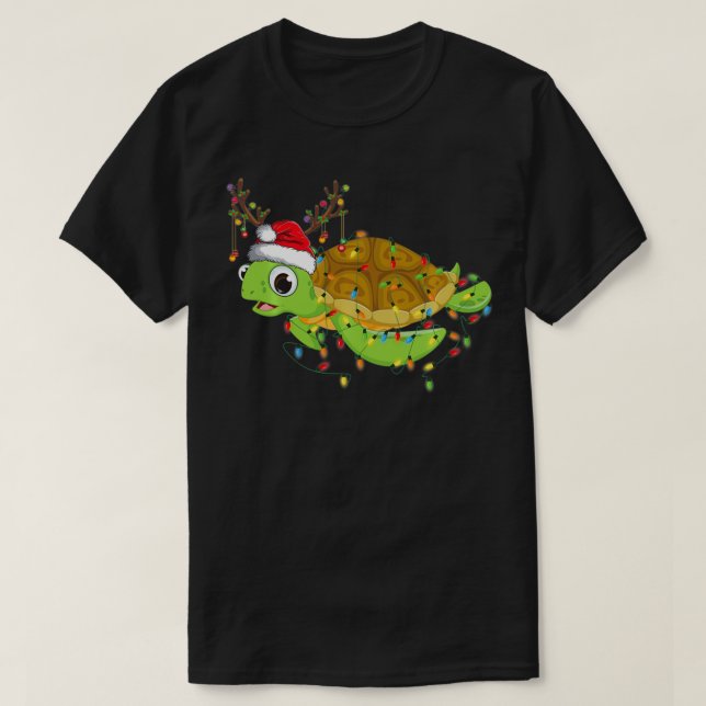 Camiseta Sea Turtle Christmas Lights Funny Santa Hat Merry  (Diseño del anverso)