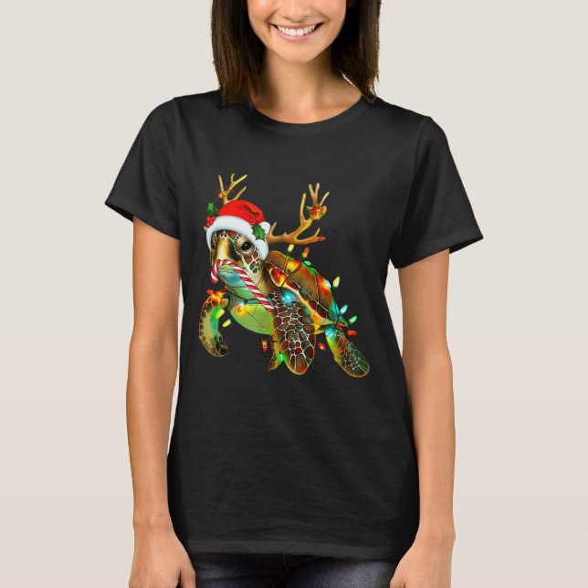 Camiseta Sea Turtle Christmas Lights Santa Hat Merry Christ (Anverso)
