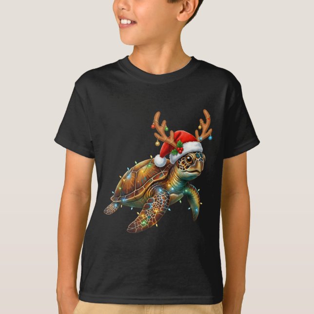 Camiseta Sea Turtle Christmas Lights Santa Hat Merry Christ (Anverso)