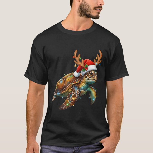 Camiseta Sea Turtle Christmas Lights Santa Hat Merry Christ (Anverso)
