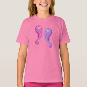 Camiseta Seahorses rosados y púrpuras del tema de la playa