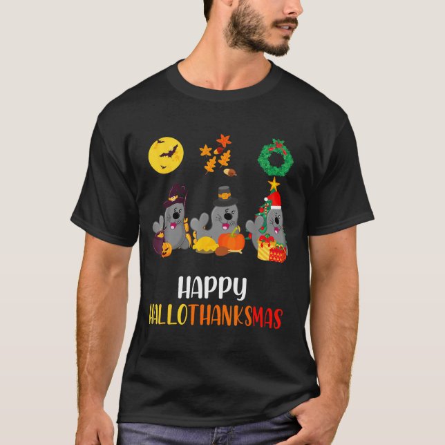 Camiseta Seal Thanksgiving Merry Christmas Happy Hallothank (Anverso)